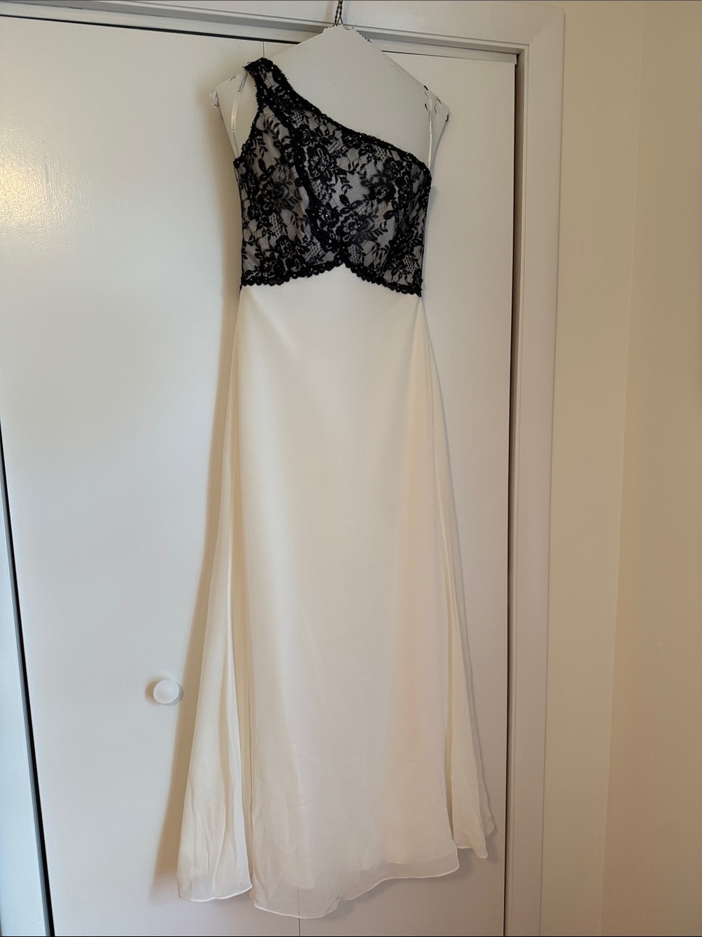 Sophia Tolli One-Shoulder Black Lace Over Cream Gown